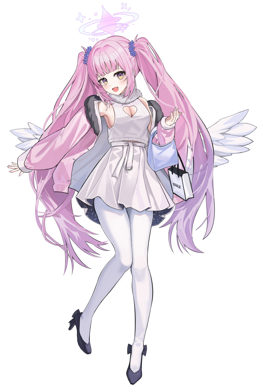 1girl absurdres alternate_hairstyle angel_wings black_footwear blue_archive blush breasts cleavage dress feathered_wings full_body halo high_heels highres iv_(iv70311741) jacket large_breasts long_hair mika_(blue_archive) open_clothes open_jacket open_mouth pantyhose pink_hair pink_halo pink_jacket simple_background smile solo two_side_up white_background white_dress white_pantyhose white_wings wings yellow_eyes
