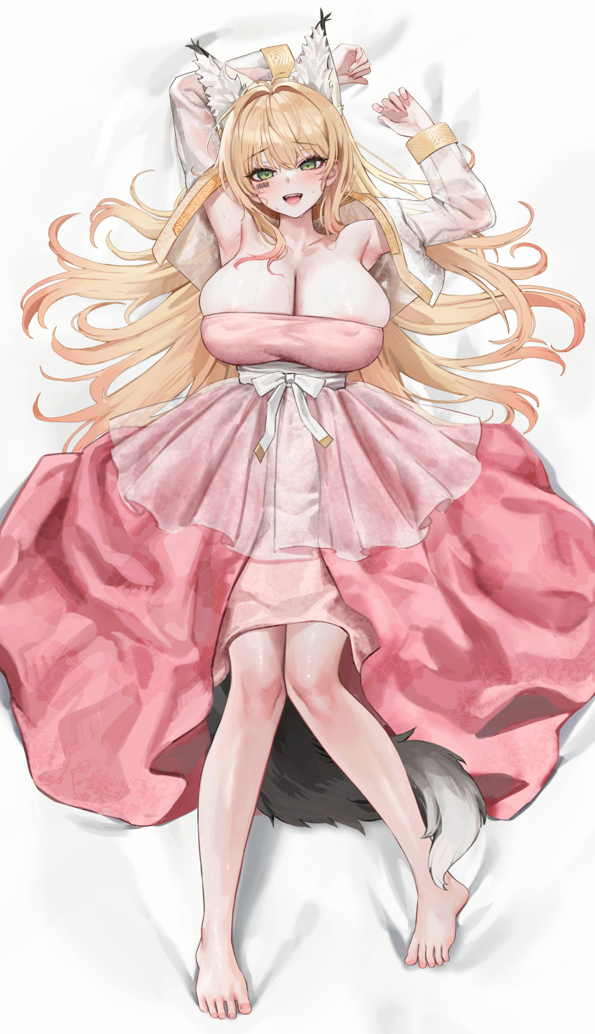 1girl absurdres animal_ear_fluff animal_ears areola_slip arm_up armpits barefoot bed_sheet blonde_hair breasts cleavage collarbone commission covered_nipples dakimakura_(medium) dress feet fox_ears fox_tail full_body gompang_11 hair_intakes highres huge_breasts incredibly_absurdres layered_dress long_hair looking_at_viewer lying on_back on_bed open_mouth original pink_dress skindentation smile solo tail toes yellow_eyes