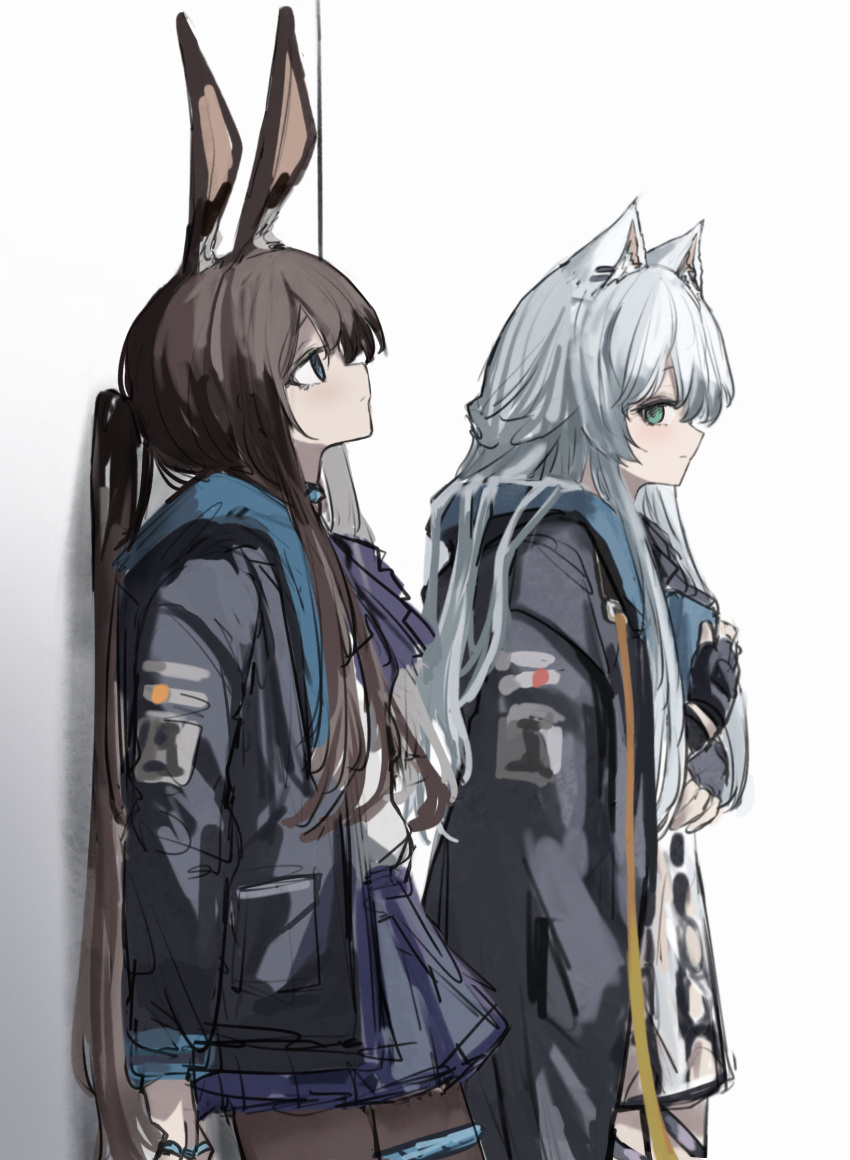 2girls amiya_(arknights) animal_ear_piercing animal_ears arknights ascot black_gloves black_jacket black_pantyhose blue_ascot blue_skirt cat_ears cat_girl cowboy_shot fingerless_gloves from_side gloves green_eyes highres holding jacket jewelry long_hair long_sleeves looking_at_viewer looking_up multiple_girls multiple_rings open_clothes open_jacket pantyhose ponytail rabbit_ears rabbit_girl ring rosmontis_(arknights) shirt sidelocks sideways_glance simple_background sketch skirt whate=3r white_background white_shirt