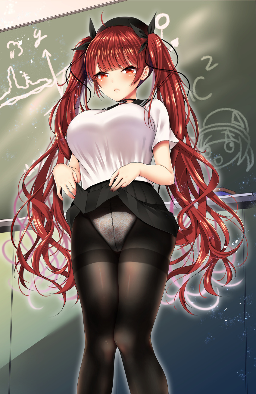 absurdres ahoge alternate_costume azur_lane bangs black_legwear black_ribbon blush bow bow_panties breasts chalkboard choker classroom commentary_request crotch_seam eraser eyebrows_visible_through_hair feet_out_of_frame hair_ribbon half-closed_eyes hat highres honolulu_(azur_lane) knees_together_feet_apart large_breasts light_particles lingerie long_hair looking_at_viewer panties panties_under_pantyhose pantyhose pleated_skirt red_eyes red_hair ribbon sailor_collar school_uniform shirt short_sleeves skirt skirt_lift solo standing thighband_pantyhose tsurime twintails underwear uniform very_long_hair white_panties white_shirt yuzuri_ai