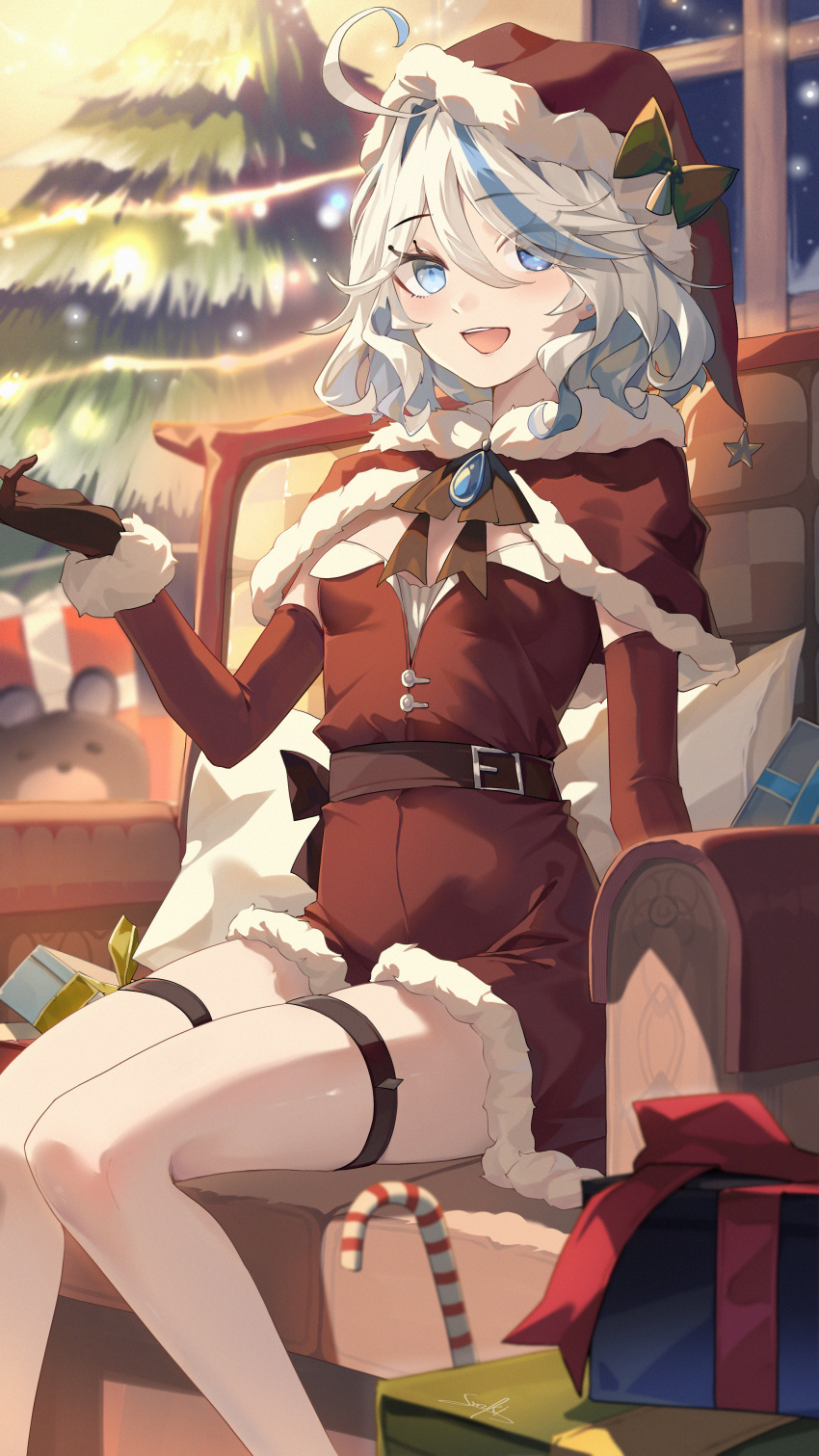 1girl absurdres bare_legs belt black_gloves blue_brooch blue_eyes blue_gemstone blue_hair bow candy candy_cane capelet christmas christmas_tree couch cowlick curly_hair detached_sleeves drop-shaped_pupils food fur-trimmed_capelet fur-trimmed_sleeves fur_trim furina_(genshin_impact) garter_belt gem genshin_impact gift gloves happy hat hat_bow heterochromia highres light_blue_hair mismatched_pupils multicolored_hair night on_couch santa_hat short_hair signature sitting smile snozaki stuffed_animal stuffed_toy teddy_bear white_hair window