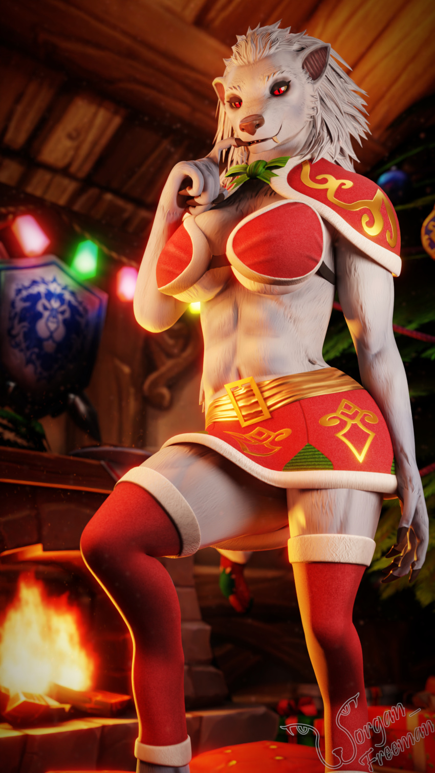 abs absurd_res almaria_(worgan_freeman) anthro bedroom_eyes blizzard_entertainment bottomwear bra canid canine christmas claws clothing detailed_background female fireplace footwear fur hi_res holidays legwear lights looking_at_viewer mammal muscular muscular_female narrowed_eyes red_eyes ribbons seductive skirt socks solo standing thigh_highs thigh_socks underwear warcraft were werecanid werecanine werewolf white_body white_fur worgan_freeman worgen