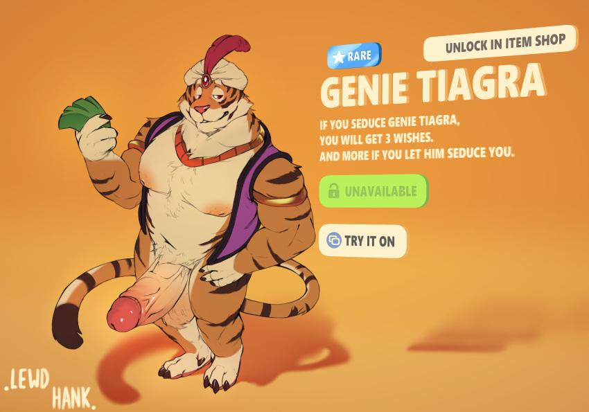 absurd_res anthro big_penis clothing english_text felid gem genie genie_tiagra(party_animals) genitals glans gold_(metal) gold_jewelry hat_feather headgear headwear hi_res icon jewelry lewdhank long_tail loose_feather male mammal middle_eastern_mythology money muscular muscular_male mythology nipples pantherine party_animals_(game) penis pink_nipples red_gem red_glans religious_clothing religious_headwear slightly_chubby solo stripes tail text thick_penis tiagra(party_animals) tiger topwear turban vein veiny_penis vest