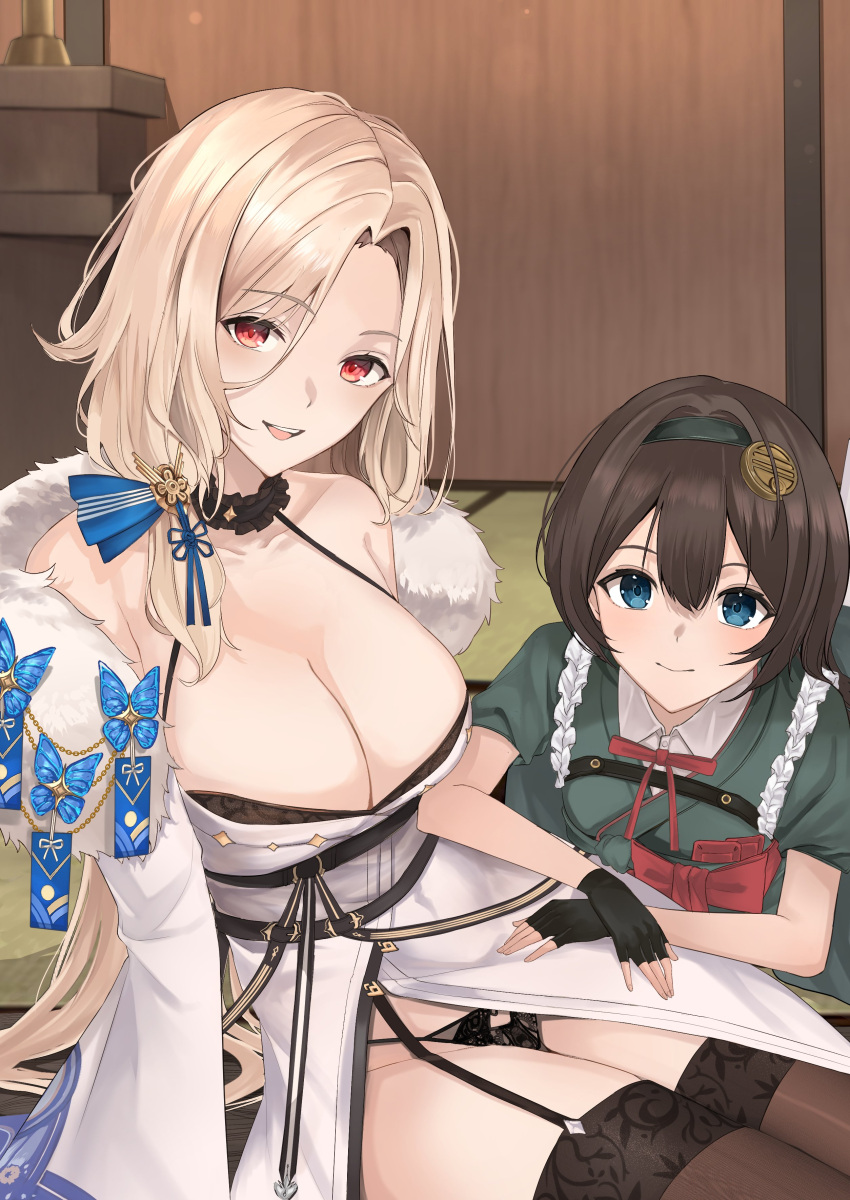 2girls absurdres black_panties blonde_hair bow bowtie braid breasts brown_hair buttons choker closed_mouth collarbone detached_sleeves fingerless_gloves flat_chest frills garter_straps gloves goddess_of_victory:_nikke green_eyes hair_ornament hair_over_shoulder hairband highres holding indoors japanese_clothes kimono large_breasts logo long_hair looking_at_viewer ludmilla_(nikke) ludmilla_(winter_owner)_(nikke) mica_(nikke) mica_(snow_buddy)_(nikke) multiple_girls nagato_tsumugu panties red_eyes single_braid thighhighs underwear wide_sleeves