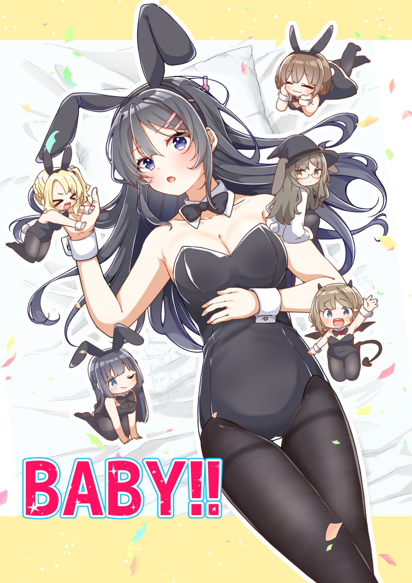 &gt;_&lt; 6+girls :d :o ;) absurdres animal_ears azusagawa_kaede bare_shoulders bed_sheet black_bow black_bowtie black_dress black_hair black_hairband black_headwear black_leotard black_pantyhose black_wings blonde_hair blue_eyes blush bow bowtie breasts brown_eyes brown_hair chibi closed_eyes collar collarbone commentary_request confetti demon_girl demon_horns demon_tail demon_wings detached_collar dress fake_animal_ears futaba_rio glasses hair_between_eyes hair_ornament hairband hairclip hat highres horns jako_(jakoo21) koga_tomoe lab_coat leotard long_hair lying makinohara_shouko medium_breasts mini_person minigirl multiple_girls on_back on_stomach one_eye_closed outline pantyhose pillow playboy_bunny rabbit_ears rabbit_tail sakurajima_mai seishun_buta_yarou side_ponytail smile strapless strapless_leotard tail thigh_gap thighband_pantyhose toyohama_nodoka very_long_hair white_collar white_outline wings witch_hat wrist_cuffs xd