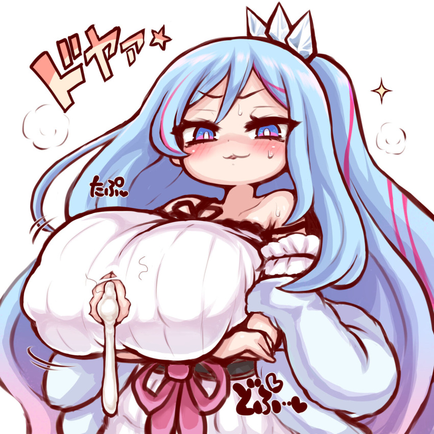 1girl alexi_(tits!) blue_eyes blue_hair breasts cleavage_cutout clothing_cutout cum cum_on_body cum_on_breasts cumdrip cutout gigantic_breasts highres huge_breasts large_breasts long_hair looking_at_viewer rilliona_(yu-gi-oh!) shortstack smug solo torn_clothes translation_request very_long_hair witchcrafter_madame_verre yu-gi-oh!