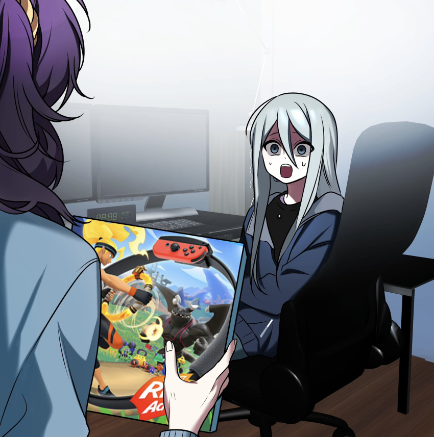 2girls 3d_background asahina_mafuyu blue_eyes commentary highres horrified long_hair long_sleeves multiple_girls newne project_sekai purple_hair ring_fit_adventure sitting sweatdrop symbol-only_commentary yoisaki_kanade