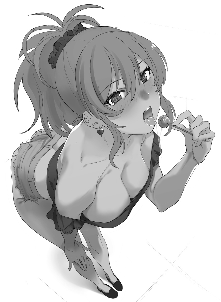 1girl absurdres ass bare_shoulders blush breasts candy cleavage collarbone crop_top denim denim_shorts downblouse earrings food foreshortening from_above greyscale hair_between_eyes hair_ornament hair_scrunchie hand_on_own_knee hand_up heart heart_earrings highres holding holding_candy holding_food holding_lollipop idolmaster idolmaster_cinderella_girls jewelry jougasaki_mika large_breasts leaning_forward lollipop looking_at_viewer monochrome no_bra off-shoulder_shirt off_shoulder open_mouth ponytail saliva saliva_trail saruanu scrunchie shirt shoes short_shorts shorts sidelocks simple_background solo tongue tongue_out white_background