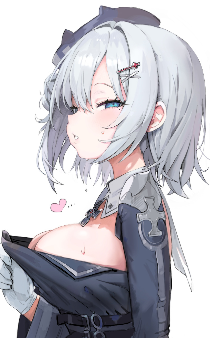 1girl absurdres azur_lane beret blue_headwear blue_shirt breasts cleavage cleavage_cutout clothes_pull clothing_cutout cross freng gloves grey_hair hair_bun hair_ornament hairclip hat heart highres iron_cross jade_(azur_lane) large_breasts looking_at_viewer mole mole_under_eye open_mouth parted_bangs parted_lips pulled_by_self purple_eyes shirt shirt_pull short_hair simple_background single_hair_bun single_side_bun solo upper_body white_background white_gloves x_hair_ornament