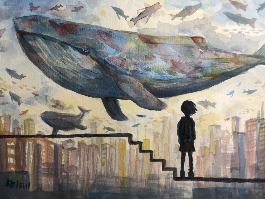 1girl artist_name building city cloud cloudy_sky fantasy flying_whale keishi_(pixiv_1245064) original outdoors painting_(medium) short_hair silhouette sky solo standing traditional_media watercolor_(medium) whale