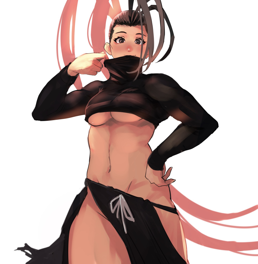 1girl 6maker absurdres antenna_hair black_sweater bow_skirt breasts cropped_sweater grabbing_another's_hair grey_eyes hand_on_own_hip high_ponytail highres ibuki_(street_fighter) long_hair looking_at_viewer medium_breasts navel no_bra no_panties pelvic_curtain revealing_clothes solo street_fighter sweater thighs toned turtleneck turtleneck_sweater underboob very_long_hair