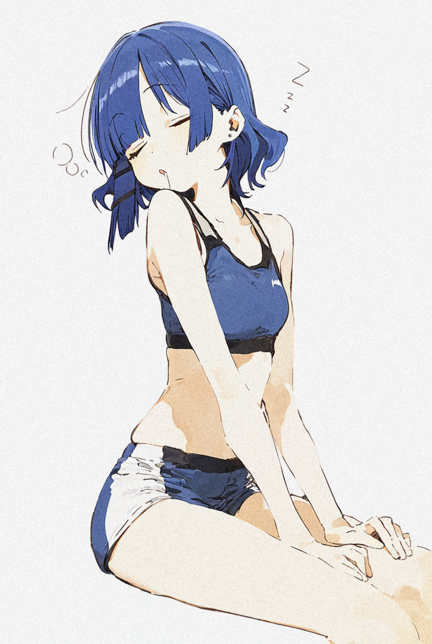 1girl ai-generated armpit_crease arms_between_legs bare_arms bare_legs bare_shoulders between_legs blue_bra blue_hair blue_shorts blunt_bangs bocchi_the_rock! bra breasts closed_eyes closed_mouth collarbone cropped_legs drooling facing_viewer feet_out_of_frame grey_background hair_ornament hand_between_legs hands_on_lap hands_on_own_knees highres invisible_chair light_blush medium_breasts medium_hair micro_shorts midriff mole mole_under_eye monochrome navel open_mouth parted_lips saliva shark_lj short_hair short_shorts shorts simple_background sitting sleeping small_breasts solo sports_bikini sports_bra sportswear stomach thighs underwear v_arms white_background yamada_ryo