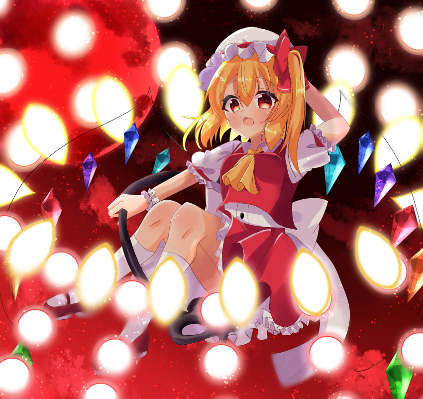 1girl absurdres ascot back_bow blonde_hair bow breasts collared_shirt danmaku fang flandre_scarlet frilled_skirt frilled_sleeves frills full_body full_moon gradient_background hair_between_eyes hat hat_ribbon highres holding holding_polearm holding_weapon huge_bow iris_(airisu495) laevatein_(touhou) large_bow looking_at_viewer mary_janes medium_hair mob_cap moon multicolored_wings one_side_up open_mouth polearm puffy_short_sleeves puffy_sleeves red_background red_footwear red_moon red_ribbon red_skirt ribbon ribbon-trimmed_headwear ribbon_trim shirt shoes short_sleeves skin_fang skirt skirt_set sleeve_ribbon small_breasts socks solo spell_card touhou weapon white_bow white_headwear white_shirt white_socks wings yellow_ascot