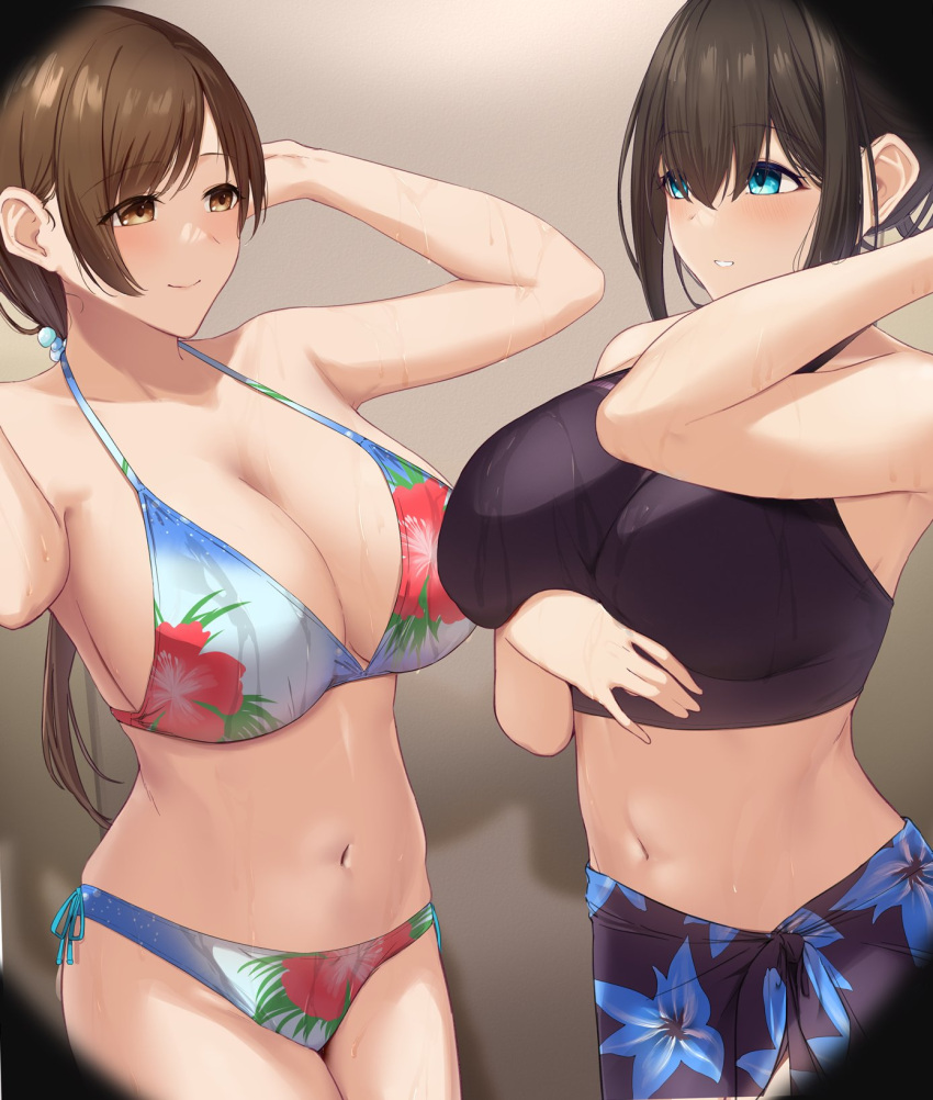 2girls bare_shoulders bikini black_hair black_shirt blue_eyes blush breasts brown_eyes brown_hair cleavage collarbone floral_print fuurin_restia highres idolmaster idolmaster_cinderella_girls large_breasts long_hair multiple_girls navel nitta_minami open_mouth ponytail sagisawa_fumika sarong shirt side-tie_bikini_bottom smile swimsuit thighs wet