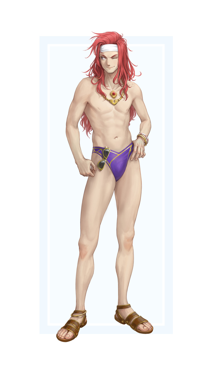 1boy absurdres blue_eyes headband highres kazuko_(towa) long_hair male_focus male_swimwear one_eye_closed red_hair sandals simple_background smile sunglasses swim_briefs swimsuit tales_of_(series) tales_of_symphonia topless_male white_headband zelos_wilder