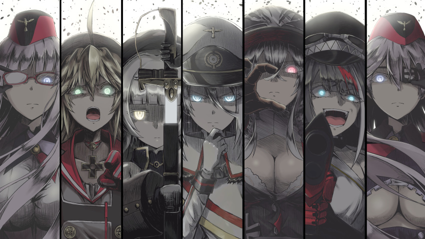 absurdres adjusting_eyepatch admiral_hipper_(azur_lane) ahoge aqua_eyes azur_lane bangs bare_shoulders beret black_gloves black_hair black_hat blonde_hair blue_eyes blunt_bangs breasts buttons choker cleavage closed_mouth commentary_request crossed_bangs deutschland_(azur_lane) disgust drawing_sword earrings expressionless eyebrows_visible_through_hair eyepatch eyes_visible_through_hair floating_hair fur_trim garrison_cap glasses gloves glowing glowing_eyes gneisenau_(azur_lane) goggles goggles_on_headwear graf_zeppelin_(azur_lane) green_eyes gun hair_between_eyes hair_ornament half-closed_eyes hand_on_own_chin hat highres holding holding_gun holding_sword holding_weapon iron_cross jacket jewelry large_breasts light_particles long_hair looking_at_viewer military military_uniform mole mole_under_eye multicolored multicolored_clothes multicolored_gloves multicolored_hair multicolored_jacket multiple_girls open_mouth parka_(summersketch) peaked_cap pointing pointing_at_viewer reaching_out red-framed_eyewear red_eyes red_hair scharnhorst_(azur_lane) serious shaded_face sheath shirt short_hair sidelocks silver_hair smile streaked_hair sword teeth tirpitz_(azur_lane) tongue two_side_up underboob uniform unsheathing very_long_hair weapon white_gloves white_shirt wind yellow_eyes z46_(azur_lane)