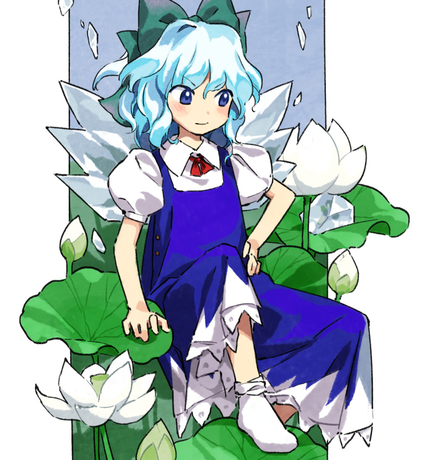 1girl blue_background blue_dress blue_eyes blue_hair border bud cirno dress flower highres ice ice_cube ice_wings kaigen_1025 looking_down lotus lotus_leaf phantasmagoria_of_flower_view shirt smile socks solo touhou white_border white_flower white_shirt white_socks wings zun_(style)