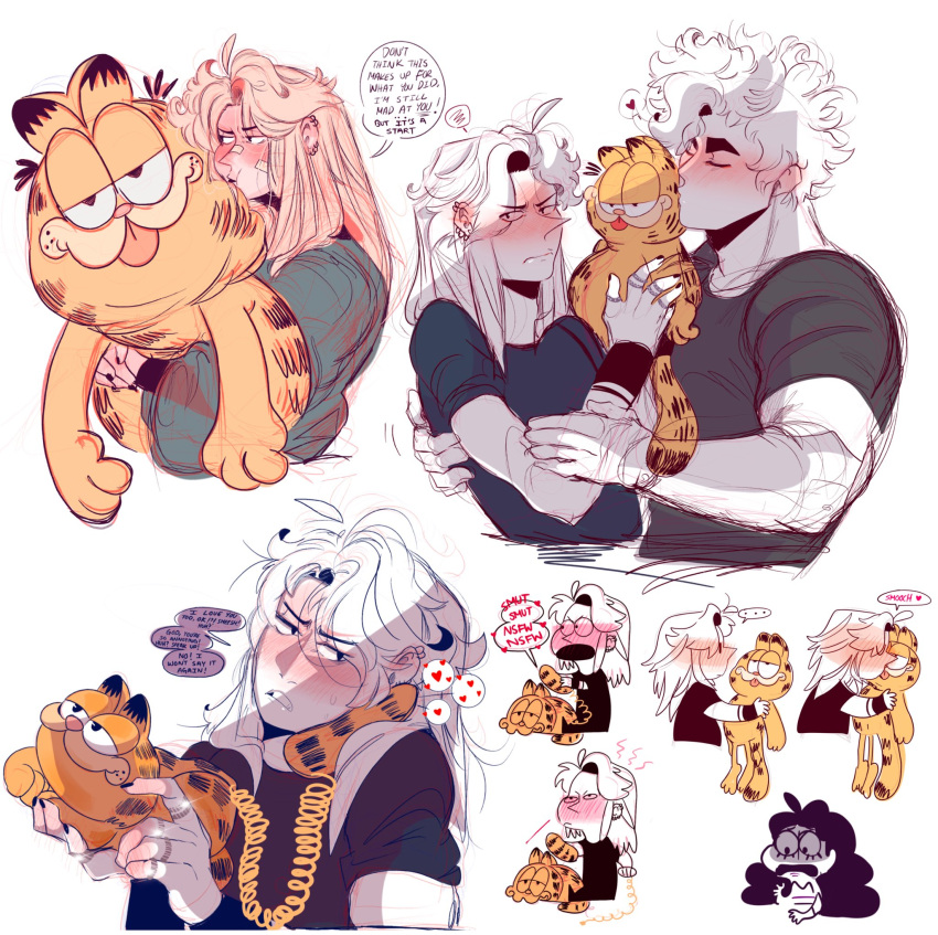 1girl 1other 2boys black_hair black_shirt blonde_hair blush ear_piercing earrings embarrassed garfield garfield_(character) heart highres holding holding_stuffed_toy jewelry kiss kissing_cheek kissing_object long_hair multiple_boys multiple_earrings original phone piercing shirt speech_bubble spoken_heart stuffed_toy t-shirt talking_on_phone white_hair