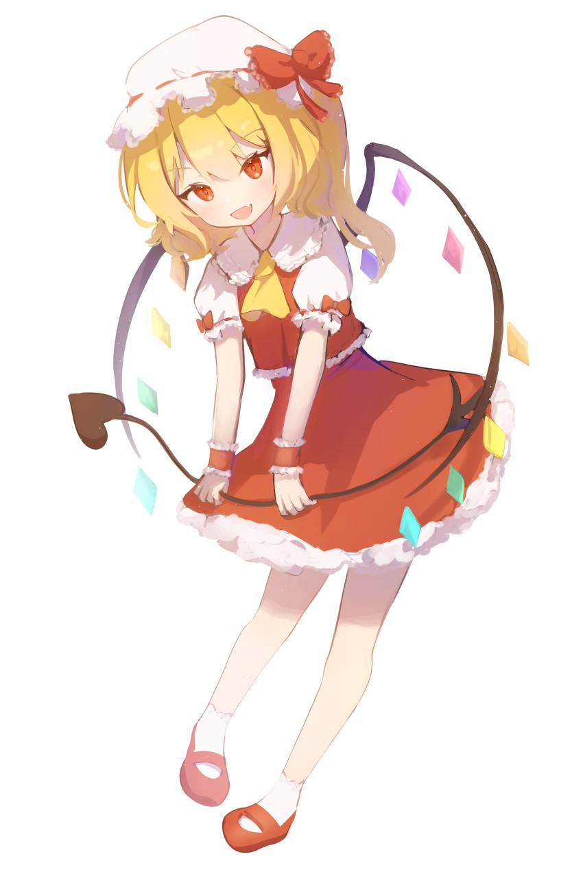 1girl absurdres ascot blonde_hair blush collared_shirt crystal fang flandre_scarlet frilled_sleeves frills full_body hat highres laevatein_(touhou) long_hair mang mob_cap one_side_up open_mouth puffy_short_sleeves puffy_sleeves red_eyes red_footwear red_skirt red_vest shirt shoes short_sleeves simple_background skin_fang skirt smile socks solo touhou vest white_background white_headwear white_shirt white_socks wings wrist_cuffs yellow_ascot