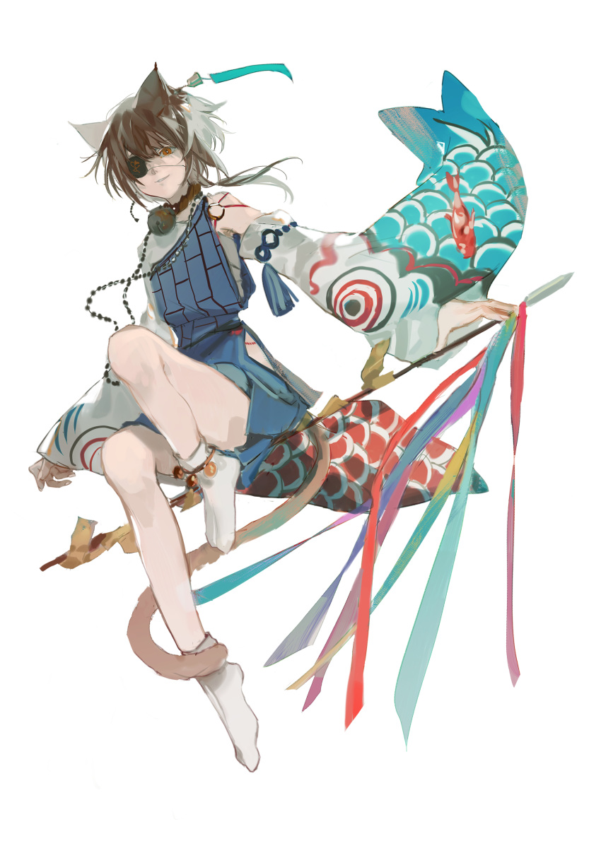 1girl absurdres animal_ears anklet aqua_ribbon bare_legs bead_necklace beads bell black_hair blue_dress blue_ribbon cat_ears cat_girl cat_tail character_request copyright_request cui_(jidanhaidaitang) detached_sleeves dress eyepatch full_body hair_bell hair_ornament highres holding holding_polearm holding_weapon invisible_chair jewelry knee_up koinobori looking_at_viewer loong_(loong_blo) necklace o-ring orange_eyes parted_lips pendant polearm purple_ribbon red_ribbon ribbon ribbon-trimmed_sleeves ribbon_trim short_hair simple_background sitting sleeveless sleeveless_dress sleeves_past_wrists slit_pupils socks solo tail weapon white_background white_sleeves white_socks windsock