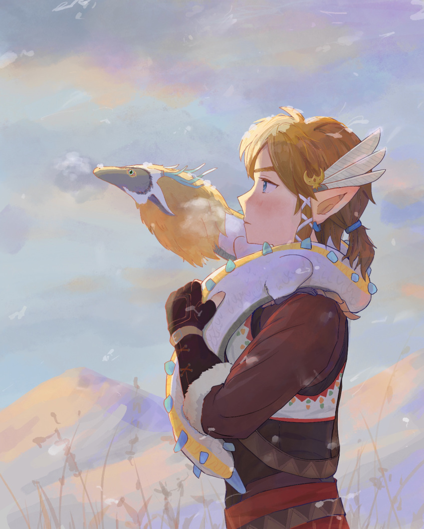 1boy blue_eyes brown_hair brown_jacket earrings feather_hair_ornament feathers fingerless_gloves from_side fur-trimmed_jacket fur_trim gloves hair_ornament highres jacket jewelry light_dragon_(zelda) link mini_dragon mountainous_horizon overcast pointy_ears short_ponytail sky snowquill_set_(zelda) the_legend_of_zelda the_legend_of_zelda:_tears_of_the_kingdom
