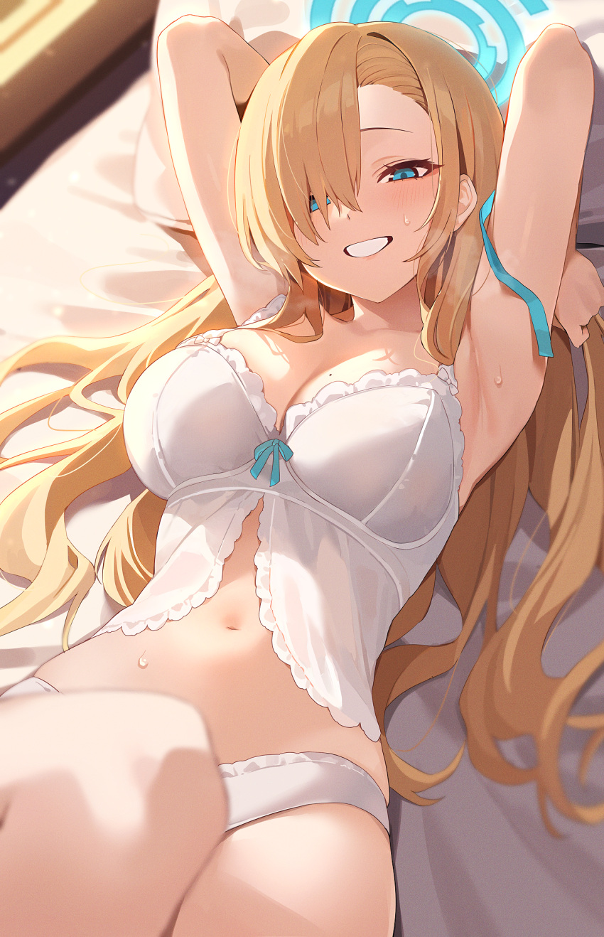 1girl armpits asuna_(blue_archive) bed bed_sheet blue_archive blue_eyes blue_halo blush bra breasts collarbone grin hair_over_one_eye halo highres indoors kithera large_breasts light_brown_hair long_hair looking_at_viewer mole mole_on_breast navel panties pillow smile solo sweat underwear white_bra white_panties