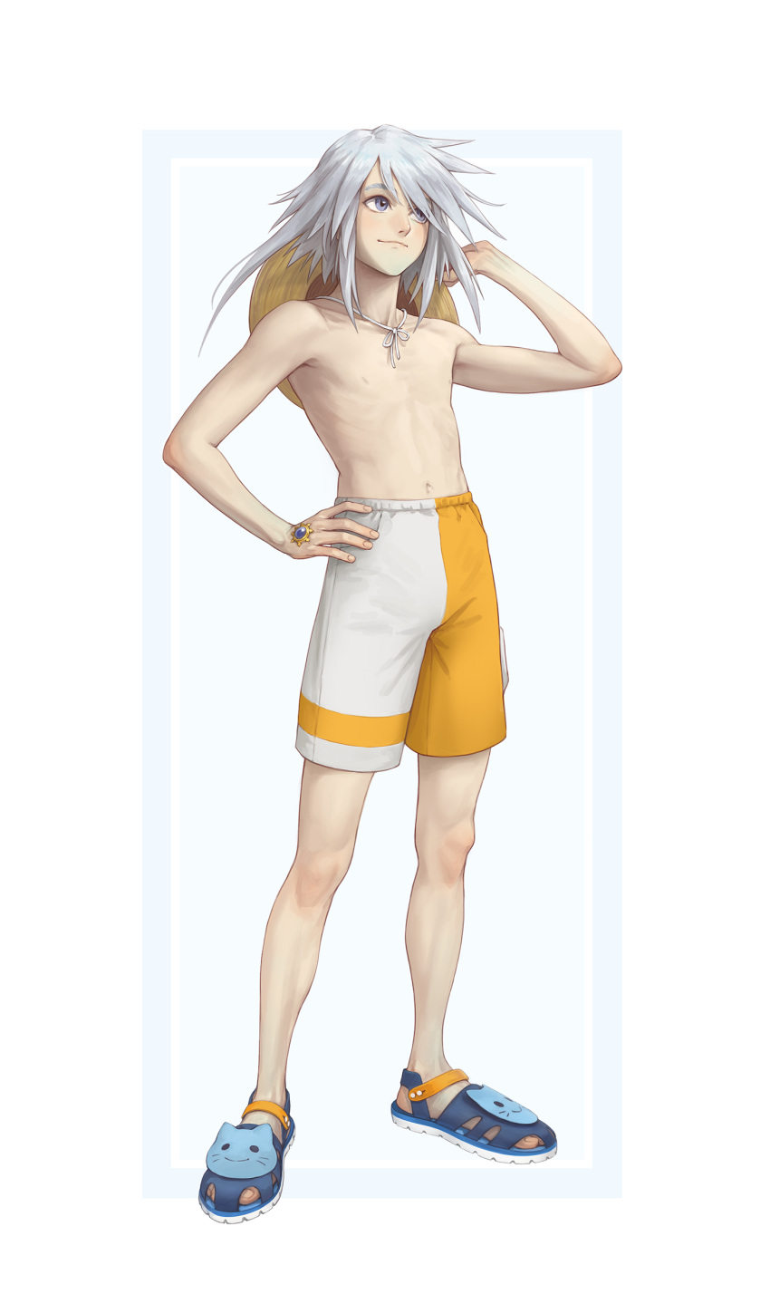 1boy absurdres blue_eyes crocs genis_sage hat highres kazuko_(towa) light_smile male_focus male_swimwear simple_background straw_hat swimsuit tales_of_(series) tales_of_symphonia topless_male white_hair