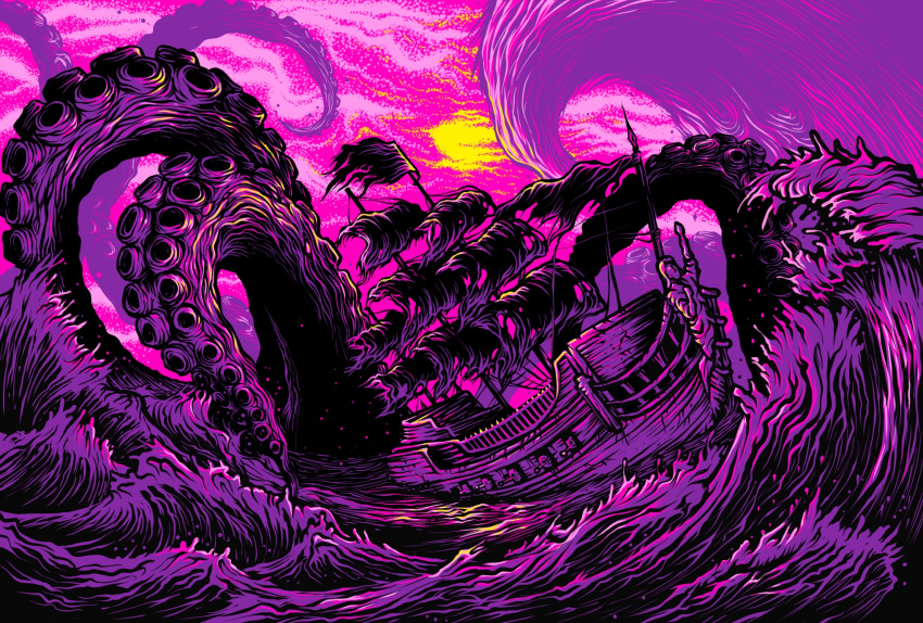 ayumu_(0413mini) cannon cloud cloudy_sky commentary_request giant giant_monster highres kraken limited_palette mast monster no_humans ocean original outdoors pink_sky purple_theme scenery sea_monster ship sky suction_cups sun tentacles water watercraft waves
