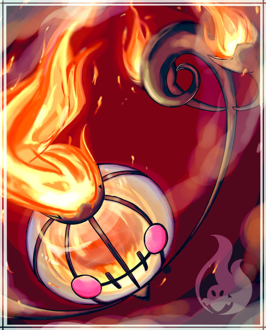 alternate_color border chandelure commentary_request fire from_above highres no_humans oshi_ni_ai_tee partial_commentary pink_eyes pokemon pokemon_(creature) red_background shiny_pokemon solo watermark white_border