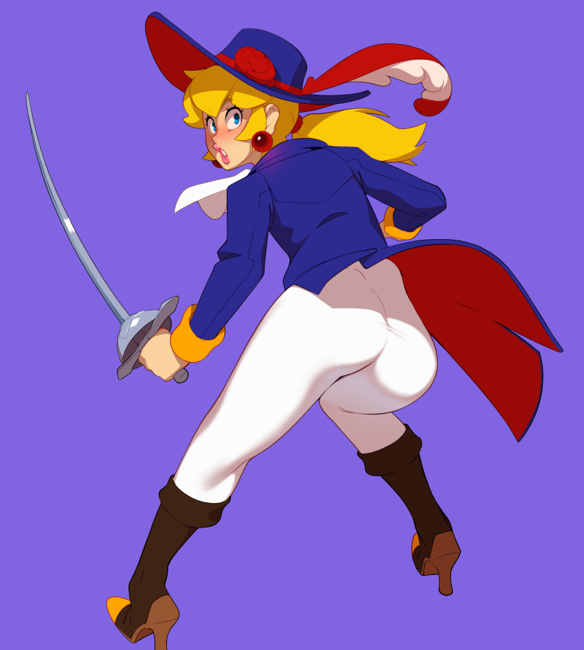 1girl absurdres ascot blonde_hair blue_background blue_eyes blue_headwear blue_jacket blue_vest boots combos_&amp;_doodles earrings feathers fencing flower gem hairband hat hat_feather hat_flower hat_ornament hat_ribbon high_heel_boots high_heels highres holding holding_sword holding_weapon jacket jewelry long_hair mario_(series) pants ponytail princess_peach princess_peach:_showtime! purple_background rapier red_feathers red_flower red_gemstone red_hairband ribbon sleeve_cuffs solo sword swordfighter_peach tight_clothes tight_pants two-sided_fabric two-sided_jacket vest waistcoat weapon white_ascot white_pants