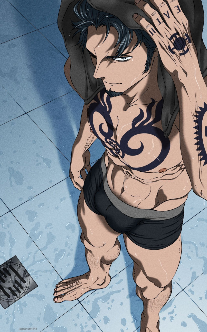 1boy abs after_bathing bara black_hair black_male_underwear boxers bulge calf dark-skinned_male dark_skin drying drying_hair from_above highres leg_hair long_sideburns looking_at_viewer male_focus male_underwear navel navel_hair nipples one_piece pectoral_cleavage pectorals pinattsu short_hair sideburns solo standing stomach toned toned_male topless_male trafalgar_law underwear veiny_feet wet wet_hair