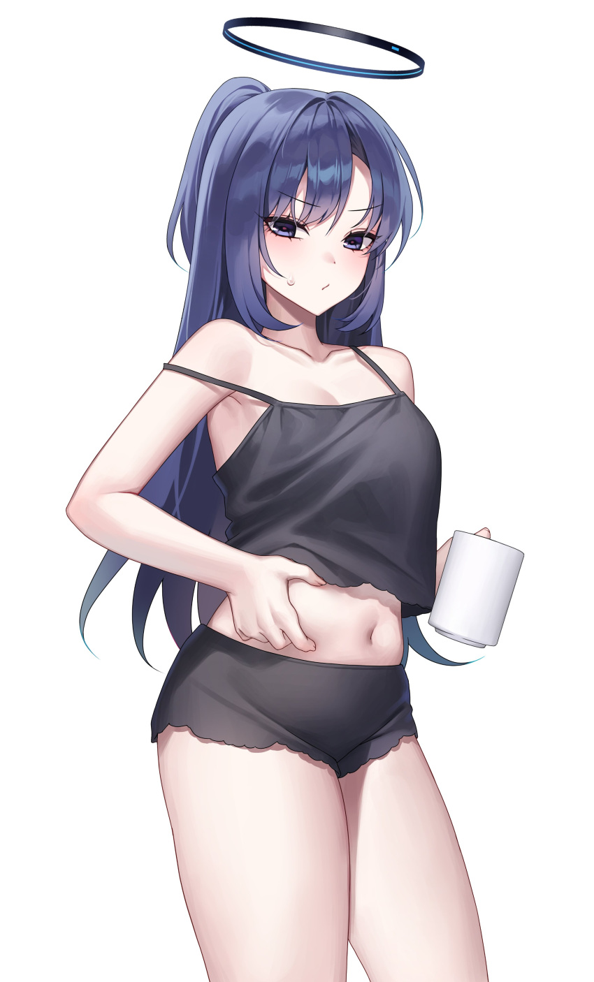 1girl absurdres black_camisole black_shorts blue_archive blush breasts camisole cleavage collarbone cowboy_shot cup fingernails halo highres holding holding_cup long_hair looking_at_viewer mechanical_halo medium_breasts navel ponytail purple_eyes purple_hair raki_kr shorts simple_background solo white_background yuuka_(blue_archive)