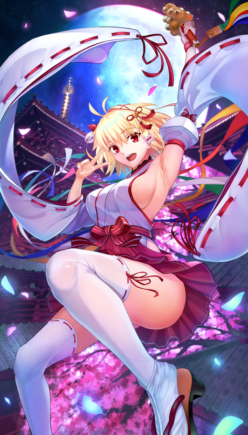1girl absurdres arcueid_brunestud bare_shoulders blonde_hair blush breasts detached_sleeves full_moon harukey highres large_breasts looking_at_viewer miniskirt moon night night_sky open_mouth red_eyes red_skirt short_hair sideboob skirt sky smile solo thighhighs tsukihime v white_thighhighs wide_sleeves