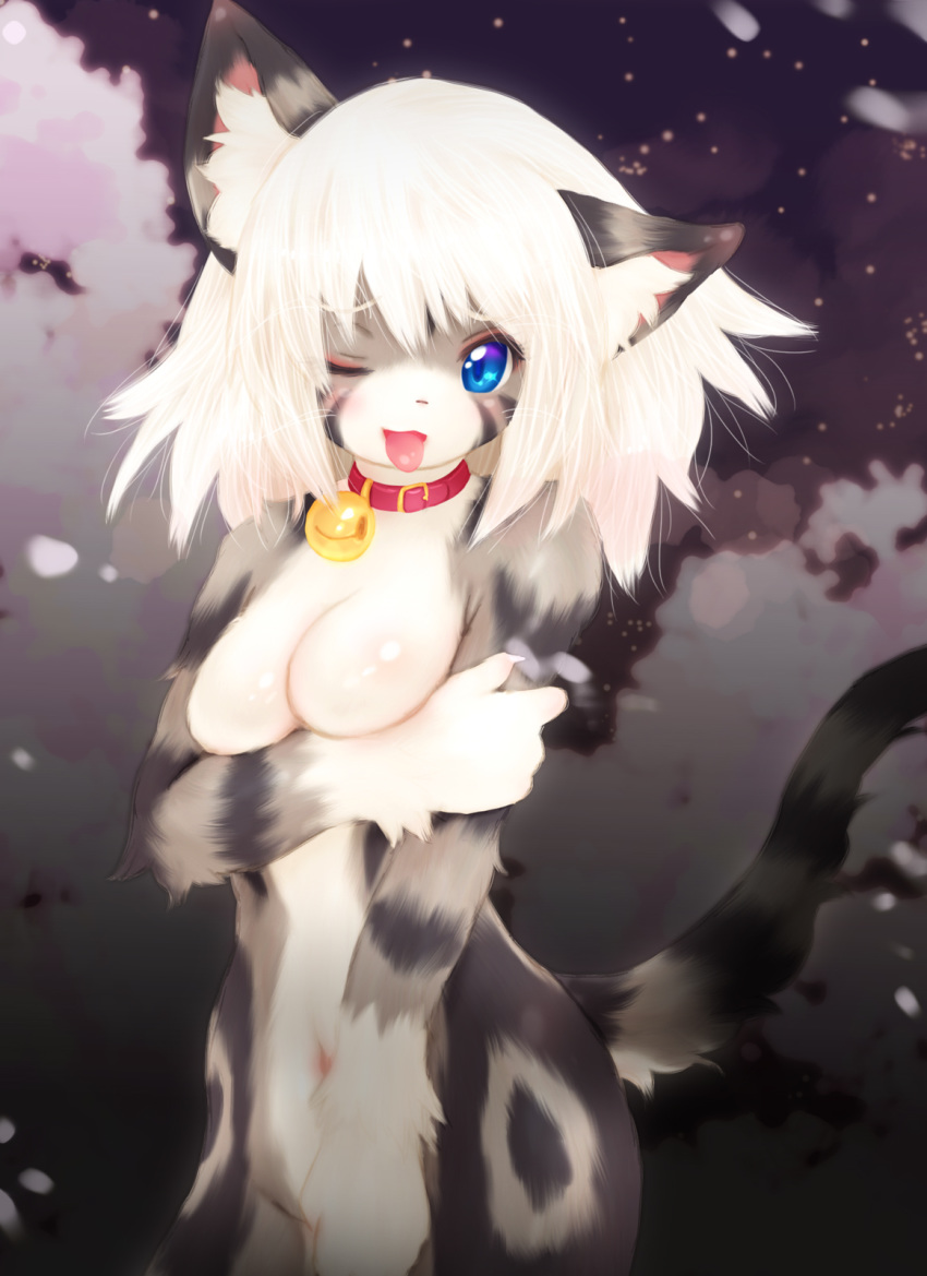 1girl blue_eyes breasts cat furry open_mouth short_hair solo tashiro_yuu white_hair