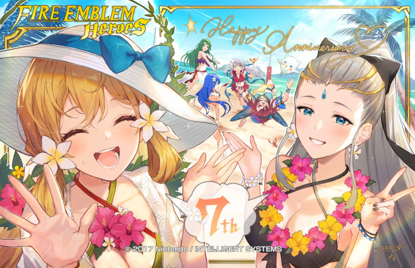 6+girls anniversary beach bikini bird black_bikini blonde_hair blue_eyes breasts caeda_(fire_emblem) caeda_(summer)_(fire_emblem) cecilia_(fire_emblem) cleavage criss-cross_halter eir_(fire_emblem) eir_(summer)_(fire_emblem) feh_(fire_emblem_heroes) fire_emblem fire_emblem:_mystery_of_the_emblem fire_emblem:_radiant_dawn fire_emblem:_shadow_dragon_and_the_blade_of_light fire_emblem:_the_binding_blade fire_emblem_heroes flower green_bikini grey_hair hair_ornament halterneck haru_(hiyori-kohal) hat large_breasts long_hair micaiah_(fire_emblem) micaiah_(summer)_(fire_emblem) multiple_girls ocean official_alternate_costume official_art open_mouth outdoors owl ponytail purple_bikini red_bikini smile sun_hat swimsuit triandra_(fire_emblem) v ymir_(fire_emblem_heroes) ymir_(summer)_(fire_emblem_heroes)