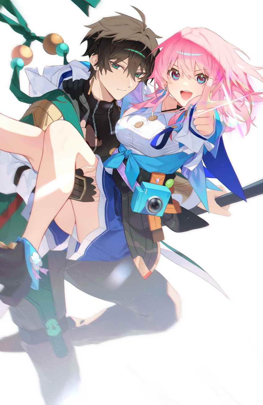 1boy 1girl :d absurdres archery_shooting_glove black_corset black_footwear blue_jacket blue_skirt breasts brown_hair brown_pants camera carrying chinese_clothes closed_mouth corset dan_heng_(honkai:_star_rail) earrings flower_ornament gloves green_eyes high_heels highres honkai:_star_rail honkai_(series) jacket jewelry looking_at_viewer march_7th_(honkai:_star_rail) medium_breasts multicolored_eyes pants partially_fingerless_gloves pink_hair pointing pointing_at_viewer princess_carry shirt shotgunman sidelocks simple_background skirt smile tied_jacket two-tone_eyes white_background white_jacket white_shirt