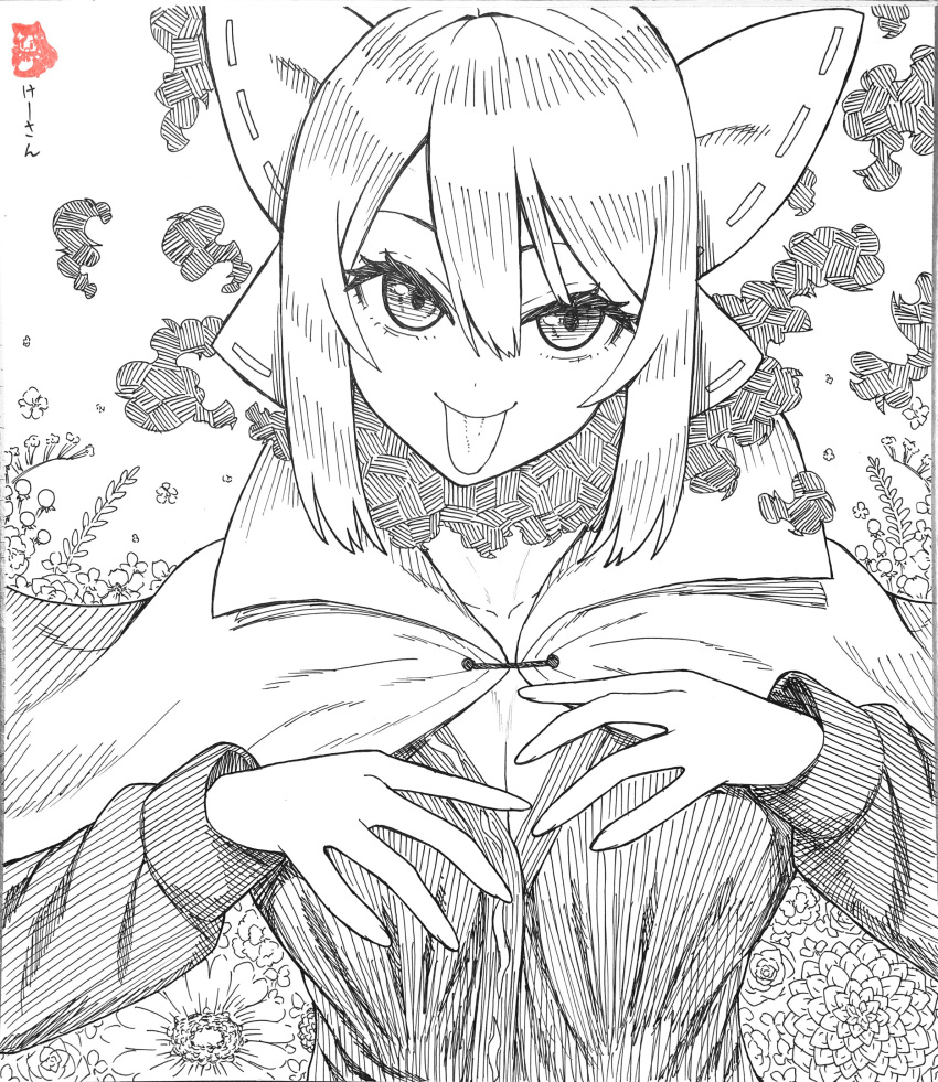 1girl absurdres bow breasts cleavage cloak commentary_request flower greyscale hair_between_eyes hair_bow highres ke-su long_sleeves looking_at_viewer monochrome sekibanki short_hair simple_background solo tongue tongue_out touhou upper_body