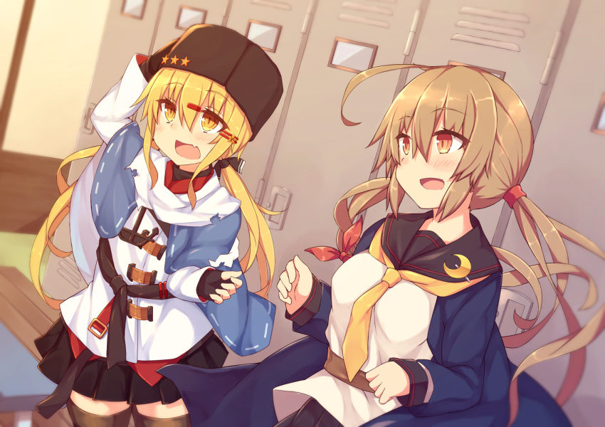 alternate_legwear black_bow black_gloves black_hat black_skirt blonde_hair blue_jacket blue_shawl boots bow breasts brown_eyes brown_hair brown_legwear cosplay costume_switch crescent crescent_moon_pin fingerless_gloves gloves hair_between_eyes hair_bow hair_ornament hairclip hat jacket kantai_collection locker locker_room long_hair long_sleeves look-alike low_twintails multiple_girls neckerchief papakha red_shirt remodel_(kantai_collection) ribbon_trim satsuki_(kantai_collection) satsuki_(kantai_collection)_(cosplay) scarf school_uniform shinopoko shirt skirt star tashkent_(kantai_collection) tashkent_(kantai_collection)_(cosplay) thigh_boots thighhighs twintails untucked_shirt white_jacket white_scarf yellow_eyes yellow_neckwear