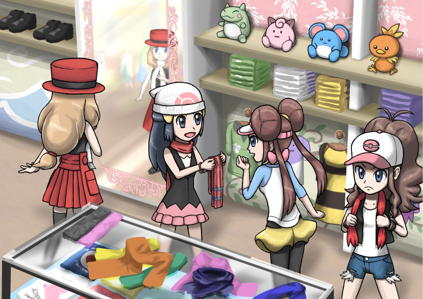 :d baseball_cap beanie black_dress black_footwear black_legwear black_scarf blue_eyes blue_scarf blue_shorts blush_stickers bracelet brown_hair character_doll clefairy collarbone commentary_request denim denim_shorts dress eye_contact frown gen_1_pokemon gen_2_pokemon gen_3_pokemon green_scarf green_shirt hat heart highres hikari_(pokemon) holding holding_scarf jewelry legs_apart liblu long_hair long_sleeves looking_at_another looking_away marill mei_(pokemon) mirror multiple_girls neck_ribbon open_mouth orange_scarf pantyhose pink_neckwear pink_ribbon pink_scarf pokemon pokemon_(game) pokemon_bw pokemon_bw2 pokemon_dppt pokemon_xy pose purple_scarf purple_shirt red_hat red_scarf red_skirt reflection ribbon scarf serena_(pokemon) shirt shoes short_dress short_shorts shorts sidelocks skirt sleeveless sleeveless_dress smile standing striped striped_dress stuffed_toy substitute thighhighs tied_hair torchic touko_(pokemon) twintails white_hat white_scarf white_shirt wristband