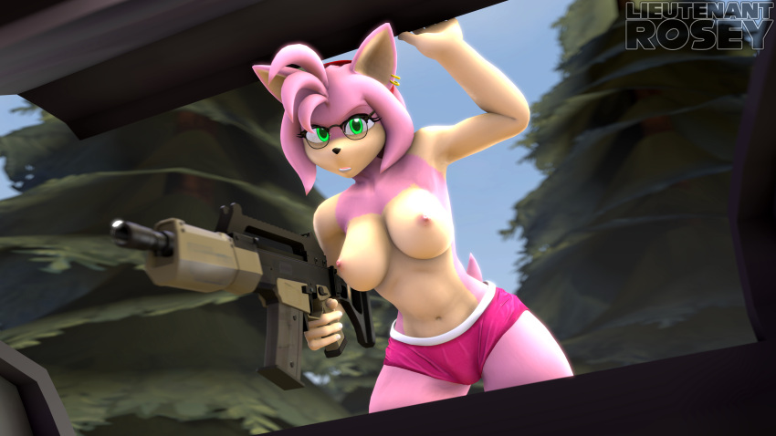 3d_(artwork) absurd_res amy_rose anthro big_breasts bottomwear breasts clothing detailed_background digital_media_(artwork) ear_piercing ear_ring eulipotyphlan exposed_breasts eyewear female fur glasses green_eyes gun hedgehog hi_res holding_gun holding_object holding_weapon lieutenantrosey looking_at_viewer mammal nipples open_mouth outside piercing pink_body pink_fur plant ranged_weapon ring_piercing sega shorts sky solo sonic_the_hedgehog_(series) source_filmmaker tail warfare_amy weapon