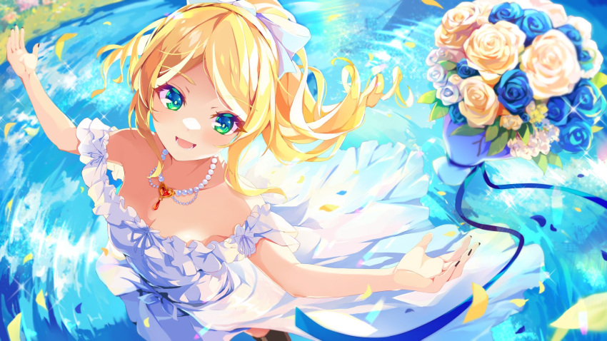 1girl bare_shoulders blonde_hair blue_flower blue_rose bouquet bow commission dennryuurai dress flower from_above gem green_eyes hair_bow highres jewelry long_hair looking_at_viewer necklace open_mouth original pearl_necklace ponytail red_gemstone rose skeb_commission solo strapless strapless_dress water white_dress yellow_flower yellow_rose