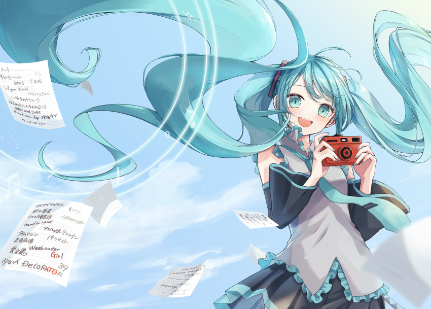 1girl absurdres blue_eyes blue_hair blush camera collared_shirt day detached_sleeves floating_hair hair_ornament hatsune_miku highres holding holding_camera long_hair long_sleeves miku_day musical_note nagitofuu nail_polish necktie open_mouth paper pleated_skirt shirt skirt sky sleeveless sleeveless_shirt smile solo staff_(music) twintails very_long_hair vocaloid