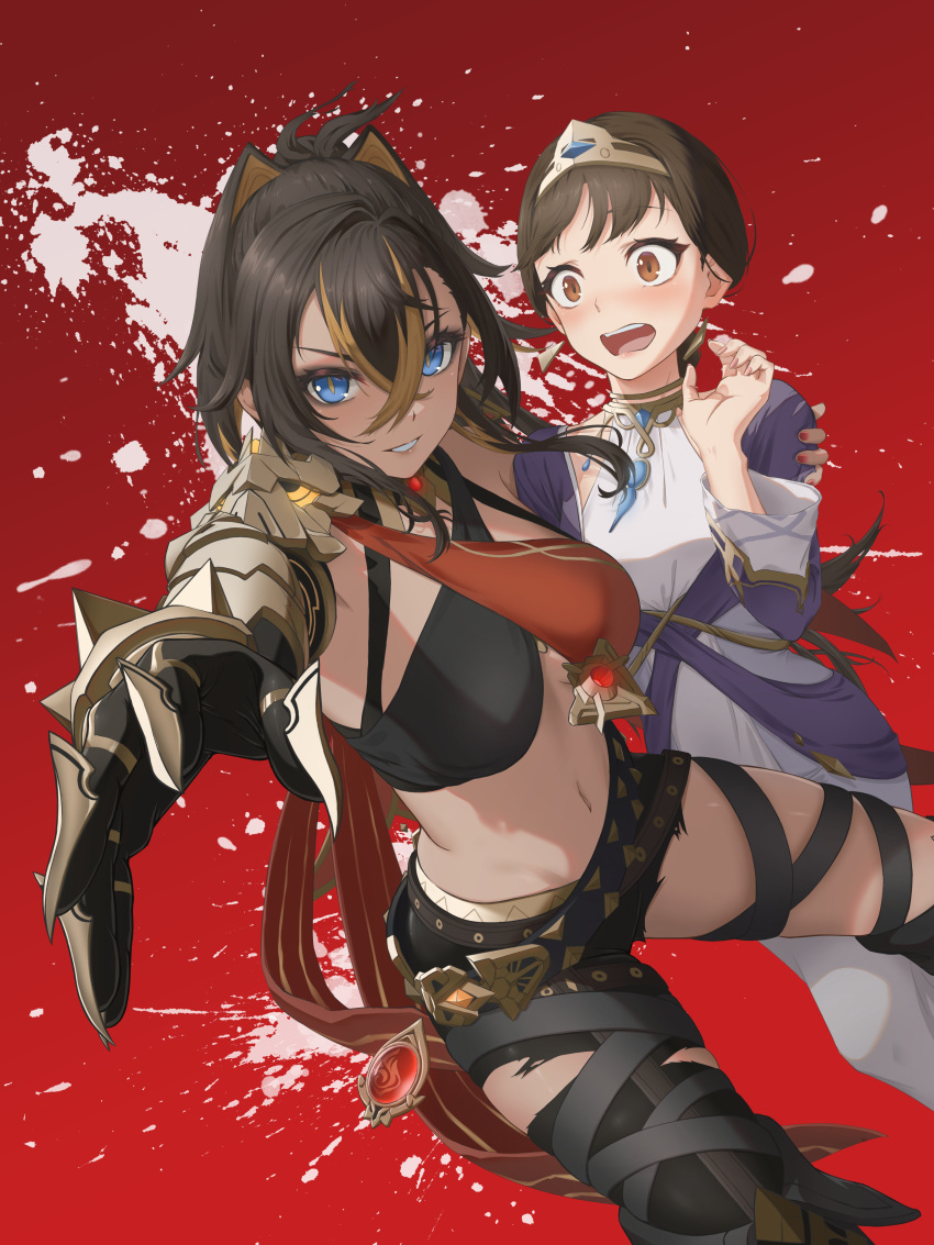 2girls :o absurdres arm_armor asymmetrical_clothes blue_eyes blue_gemstone blush brown_eyes brown_hair commentary_request criss-cross_halter crossed_bangs crossed_belts dangle_earrings dehya_(genshin_impact) dress dunyarzad_(genshin_impact) earrings gem genshin_impact gold_choker gold_headband hair_ears halterneck highres jewelry kaeru_(821487413) multicolored_hair multiple_girls multiple_thigh_straps navel pointy_hair red_gemstone single_pantsleg streaked_hair vision_(genshin_impact)