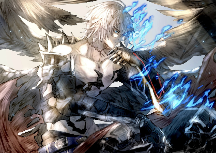 1boy bishounen black_gloves blue_eyes blue_fire closed_mouth elbow_gloves expressionless fire gloves granblue_fantasy grey_background looking_at_viewer lucilius_(granblue_fantasy) male_focus messy_hair muramitsu_(d3jgv) muscular muscular_male pale_skin scar scar_on_neck simple_background solo topless_male white_hair wings