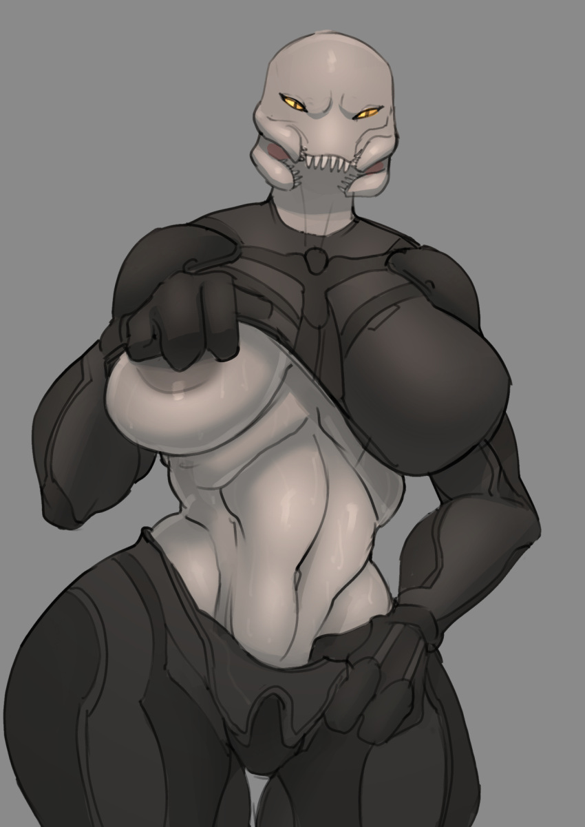 2023 alien anthro big_breasts breasts clothed clothing clothing_lift female front_view grey_background grey_body grey_nipples grey_skin halo_(series) hi_res mandibles microsoft nipples one_breast_out partially_clothed portrait sangheili shirt shirt_lift simple_background solo thechurroman three-quarter_portrait topwear wide_hips xbox_game_studios