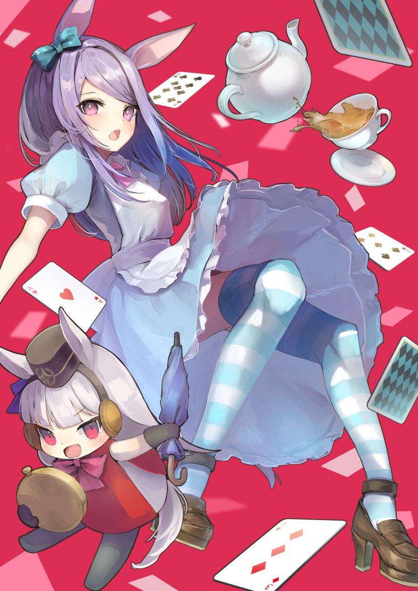 2girls absurdres alice_(alice_in_wonderland) alice_(alice_in_wonderland)_(cosplay) alice_in_wonderland animal_ears apron black_gloves blue_dress blue_thighhighs bow bowtie brown_footwear card chibi commentary cosplay cup dress gloves gold_ship_(umamusume) highres holding holding_pocket_watch holding_umbrella horse_ears horse_girl horse_tail kettle loafers long_hair looking_at_viewer mejiro_mcqueen_(umamusume) multiple_girls pink_bow pink_bowtie pocket_watch puffy_short_sleeves puffy_sleeves purple_eyes purple_hair red_dress sashimi0gou saucer shoes short_sleeves striped_clothes striped_thighhighs tail teacup thighhighs umamusume umbrella watch white_apron white_rabbit_(alice_in_wonderland) white_rabbit_(alice_in_wonderland)_(cosplay)