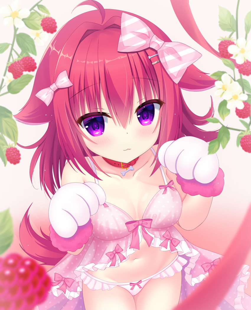 1girl :3 ahoge animal_collar animal_ears animal_hands babydoll blurry blush bow breasts breasts_apart closed_mouth collar commentary cowboy_shot depth_of_field dog_ears dog_girl dog_tail eyelashes eyes_visible_through_hair food frilled_babydoll frills fruit gloves gradient_background hair_between_eyes hair_bow hair_intakes heart heart-shaped_pupils highres kanou_minato leaf looking_at_viewer medium_breasts medium_hair nanatsu_(na_na_tsu) navel panties paw_gloves paw_pose pink_babydoll pink_background pink_bow polka_dot_babydoll purple_eyes raspberry raspberry_cube red_hair simple_background smile solo striped_bow symbol-shaped_pupils tail underwear white_background white_panties
