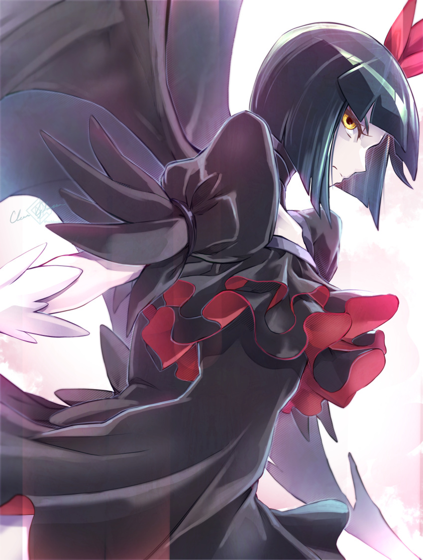 1girl artist_name black_dress black_hair blunt_bangs clear_glass_(mildmild1311) commentary_request dark_precure dress eyelashes hair_ornament heartcatch_precure! highres looking_at_viewer precure puffy_short_sleeves puffy_sleeves serious short_hair short_sleeves signature single_wing solo standing twitter_username wings wrist_cuffs yellow_eyes