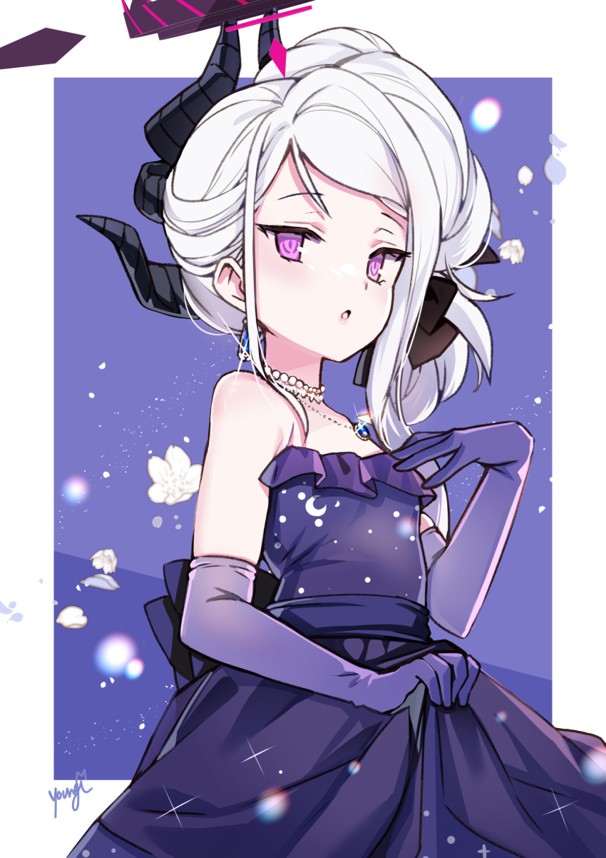 1girl black_horns blue_archive blush dangle_earrings demon_horns dress earrings elbow_gloves gloves halo highres hina_(blue_archive) hina_(dress)_(blue_archive) horns jewelry jin_young-in long_hair multiple_horns necklace official_alternate_costume official_alternate_hairstyle parted_lips pendant purple_dress purple_eyes purple_gloves signature solo strapless strapless_dress white_hair