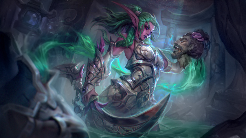 1boy 1girl angelina_chernyak armor brown_hair colored_skin elf green_hair highres holding holding_another's_head holding_sword holding_weapon long_hair looking_at_another magic pink_skin pointy_ears purple_eyes purple_lips severed_head short_hair sword tyrande_whisperwind warcraft weapon world_of_warcraft